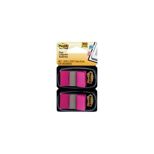 Post-it&reg; Flags - 2 Dispensers - 100 x Bright Pink - 1" x 1.75" - Rectangle - Unruled - Bright Pink - Removable, Self-adhesive - 100 / Pack