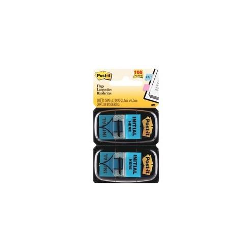 Post-it&reg; Message Flags - 2 Dispensers - 100 - 1" x 1.75" - Arrow, Rectangle - Unruled - "Initial Here" - Blue - Removable, Self-adhesive - 100 / Pack