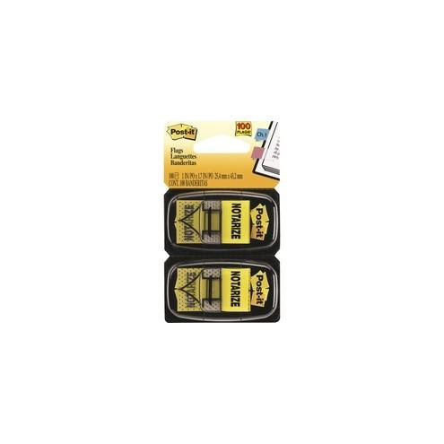 Post-it&reg; Message Flags - 2 Dispensers - 100 - 1" x 1.75" - Arrow, Rectangle - Unruled - "Notarize" - Yellow - Removable, Self-adhesive - 100 / Pack