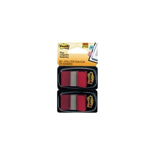 Post-it&reg; Flags - 2 Dispensers - 100 - 1" x 1.75" - Rectangle - Unruled - Red - Removable, Self-adhesive - 100 / Pack