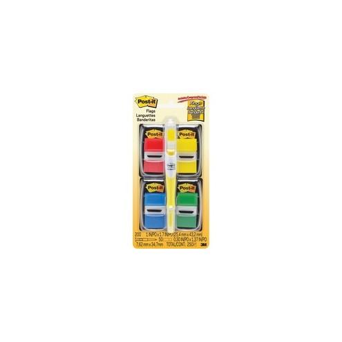 Post-it&reg; Assorted Primary Colors Value Pack with Flag Highlighter - 200 - 1" x 1.75" - Rectangle - Unruled - Blue, Green, Red, Yellow, Assorted - Self-adhesive, Removable - 225 / Pack