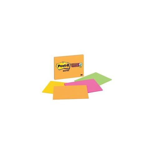 Post-it&reg; Super Sticky Lined Meeting Notepads - 180 - 6" x 8" - Rectangle - 45 Sheets per Pad - Ruled - Assorted - Paper - Self-adhesive - 4 / Pack