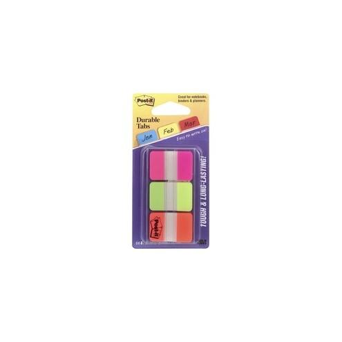 Post-it&reg; Durable Tabs - 1.50" Tab Height x 1" Tab Width - Removable - Pink, Green, Orange, Semi-transparent Tab(s) - 66 / Pack