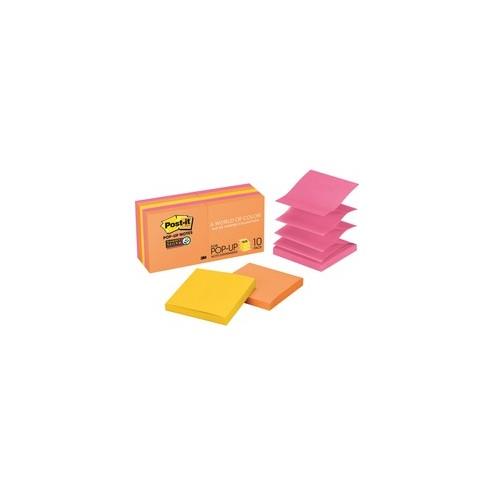 Post-it&reg; Super Sticky Pop-up Notes - Rio de Janeiro Color Collection - 900 - 3" x 3" - Square - 90 Sheets per Pad - Unruled - Assorted - Paper - Self-adhesive, Repositionable - 10 / Pack