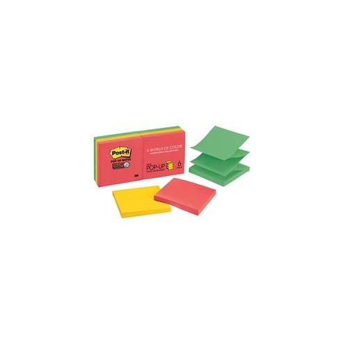 Post-it&reg; Super Sticky Pop-up Notes - Marrakesh Color Collection - 540 - 3" x 3" - Square - 90 Sheets per Pad - Unruled - Assorted - Paper - Self-adhesive, Repositionable - 6 / Pack