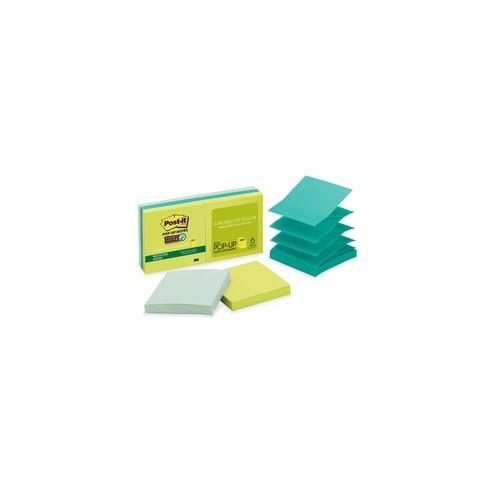 Post-it&reg; Super Sticky Pop-up Notes - Bora Bora Color Collection - 540 - 3" x 3" - Square - 90 Sheets per Pad - Unruled - Aqua Wave, Neptune Blue, Orchid - Paper - Self-adhesive, Pop-up - 6 / Pack