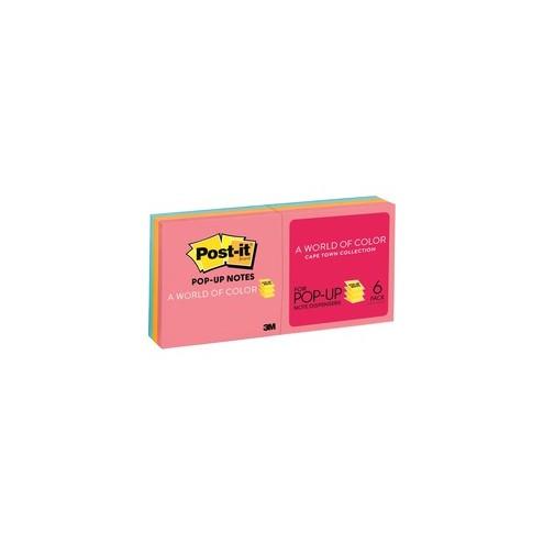 Post-it&reg; Pop-up Notes - Cape Town Color Collection - 600 - 3" x 3" - Square - 100 Sheets per Pad - Unruled - Assorted - Paper - Pop-up, Self-adhesive, Repositionable - 6 / Pack