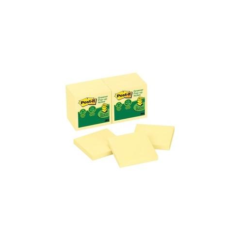 Post-it&reg; Greener Pop-up Notes - 1200 - 3" x 3" - Square - 100 Sheets per Pad - Unruled - Canary Yellow - Paper - Self-adhesive, Repositionable, Non-smearing - 12 / Pack