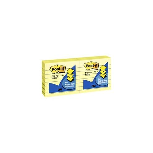 Post-it&reg; Pop-up Lined Notes - 600 - 3" x 3" - Square - 100 Sheets per Pad - Ruled - Canary Yellow - Paper - Pop-up, Fanfold, Refillable - 6 / Pack