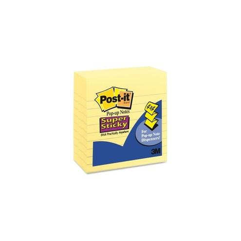 Post-it&reg; Super Sticky Lined Pop-up Notes - 450 - 4" x 4" - Square - 90 Sheets per Pad - Ruled - Canary Yellow - Paper - Pop-up, Self-adhesive - 5 / Pack