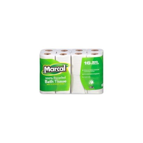 Marcal 100% Recycled, Soft & Absorbent Bathroom Tissue - 2 Ply - 4.20" x 3.60" - 168 Sheets/Roll - White - Fiber - Lint-free, Septic Safe - For Washroom - 16 / Pack