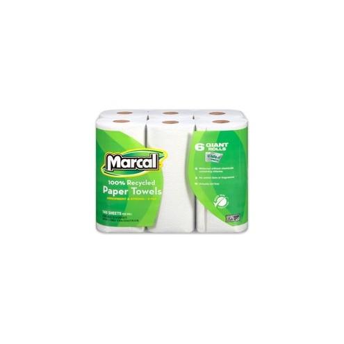 Marcal 100% Recycled, Giant Roll Paper Towels - 2 Ply - 140 Sheets/Roll - White - Perforated, Absorbent - 24 / Carton