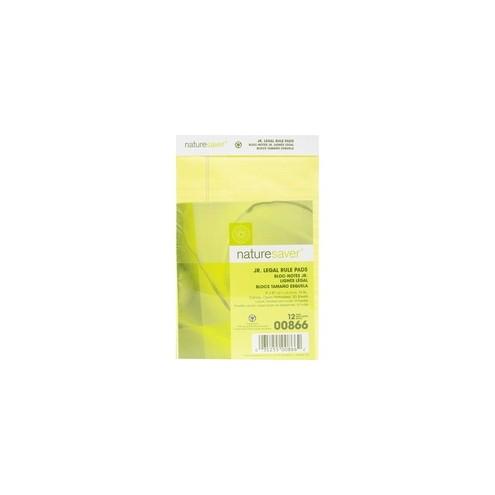 Nature Saver 100% Recycled Canary Jr. Rule Legal Pads - Jr.Legal - 50 Sheets - 0.28" Ruled - 15 lb Basis Weight - 5" x 8" - Canary Paper - Perforated, Back Board - Recycled - 12 / Dozen