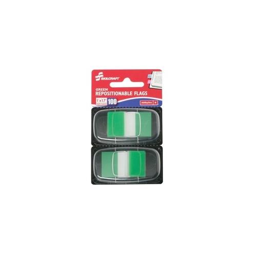 SKILCRAFT Repositionable Self-stick Flags - 1" x 1.75" - Rectangle - Green - Repositionable, Self-adhesive, Removable - 100 / Pack