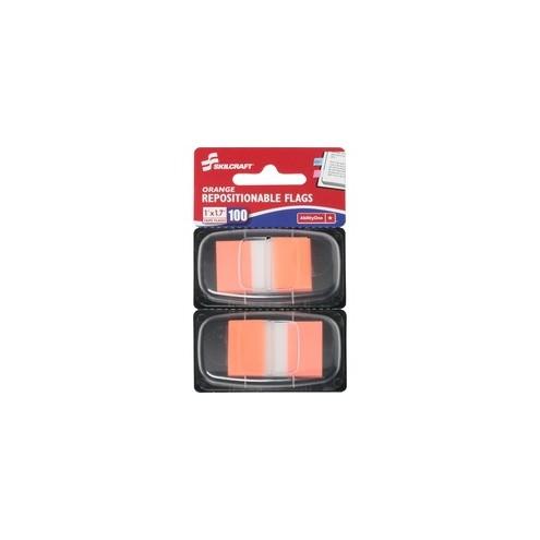 SKILCRAFT Repositionable Self-stick Flags - 1" x 1.75" - Rectangle - Orange - Repositionable, Self-adhesive, Removable - 100 / Pack