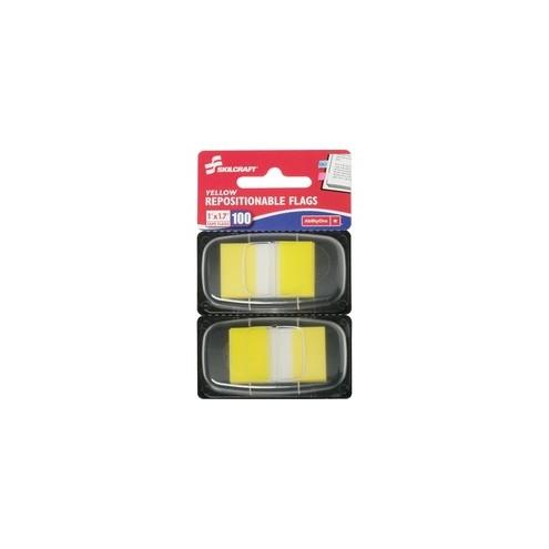 SKILCRAFT Repositionable Self-stick Flags - 1" x 1.75" - Rectangle - Yellow - Repositionable, Self-adhesive, Removable - 100 / Pack