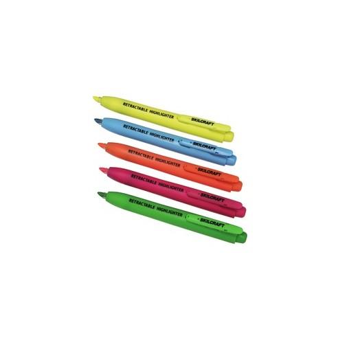 SKILCRAFT Retractable Highlighter - Medium, Fine Marker Point - Chisel Marker Point Style - Retractable - Yellow, Green, Blue, Pink, Orange - 5 / Set