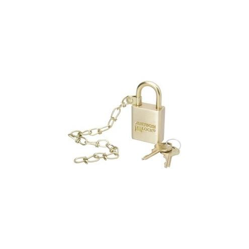 SKILCRAFT Solid Brass Case Padlock with Chain - Keyed Different - Solid Brass - Brass - 1 Each
