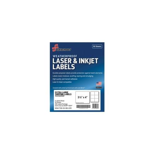 SKILCRAFT Laser/Inkjet Weatherproof Mailing Labels - Permanent Adhesive - 3 21/64" Width x 4" Length - Rectangle - Laser, Inkjet - White - Polyester - 6 / Sheet - 300 / Pack - TAA Compliant