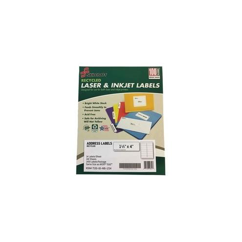 SKILCRAFT Recycled Laser/Inkjet Address Labels - Self-adhesive Adhesive - 1 19/64" Width x 4" Length - Rectangle - Laser, Inkjet - White - Paper - 14 / Sheet - 1400 / Pack - TAA Compliant