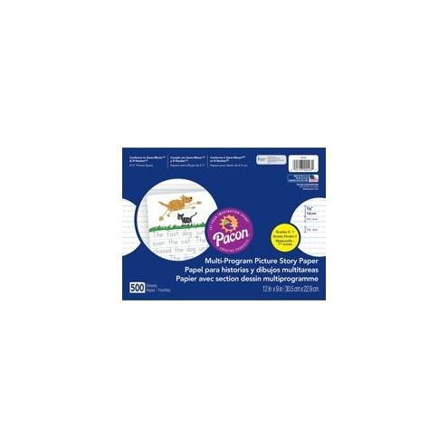 Pacon Multi-program Ruled Picture Story Paper - 500 Sheets - 0.63" Ruled - 4.25" Picture Story Space - 16 lb Basis Weight - 12" x 9" - White Paper - 500 / Ream
