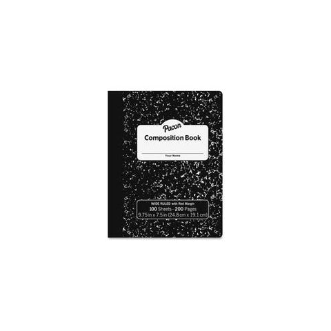 Pacon Composition Book - 100 Sheets - 200 Pages - Wide Ruled - 0.38" Ruled Red Margin - 9.8" x 7.5"0.1" - White Paper - Black Marble Cover - Durable, Hard Cover - 100 / Each