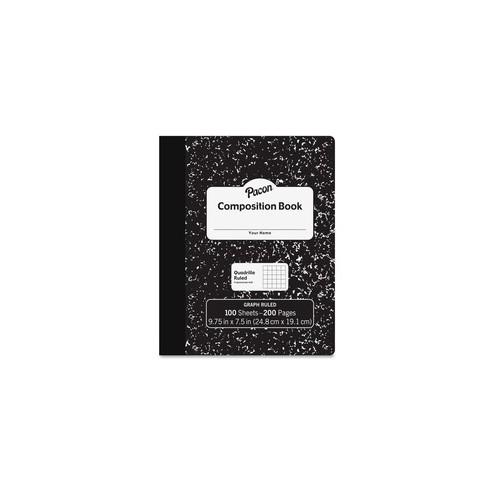 Pacon Composition Book - 100 Sheets - 200 Pages - Quad Ruled - 0.20" Ruled - 9.8" x 7.5"0.1" - White Paper - Black Marble Cover - Durable, Hard Cover - 100 / Each