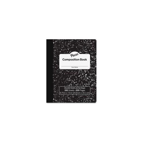 Pacon Composition Book - 100 Sheets - 200 Pages - College Ruled - 0.28" Ruled - 9.8" x 7.5"0.1" - White Paper - Black Marble Cover - Durable, Hard Cover - 1Each