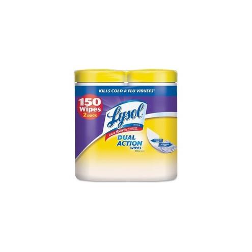 Lysol Dual Action Cleaning Wipes - Wipe - Citrus Scent - 75 / Canister - 6 / Carton - White