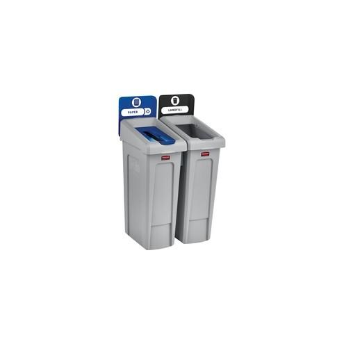 Rubbermaid Commercial Slim Jim Recycling Station - Hinged Lid - Rectangular - Durable, Vented - 40.3" Height x 24" Width - Resin - Gray, Black, Blue