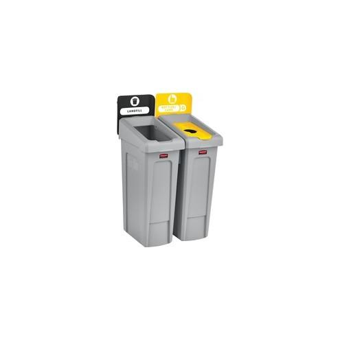 Rubbermaid Commercial Slim Jim Recycling Station - Hinged Lid - Rectangular - Durable, Vented - 40.3" Height x 24" Width - Resin - Gray, Black, Yellow