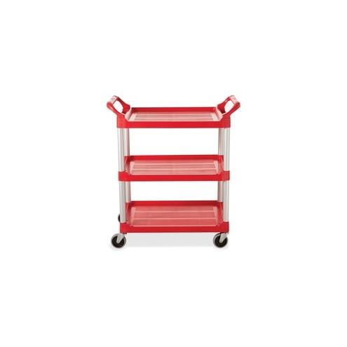 Rubbermaid Commercial 4" Caster Utility Cart - 3 Shelf - Push/Pull Handle - 200 lb Capacity - 4 Casters - 4" Caster Size - x 33.6" Width x 18.6" Depth x 37.8" Height - Red, Brushed Aluminum - 1 Each