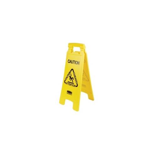 Rubbermaid Commercial Multi-Lingual Caution Floor Sign - 1 Each - Caution Print/Message - 11" Width x 25" Height - Both Sides Display, Foldable - Yellow