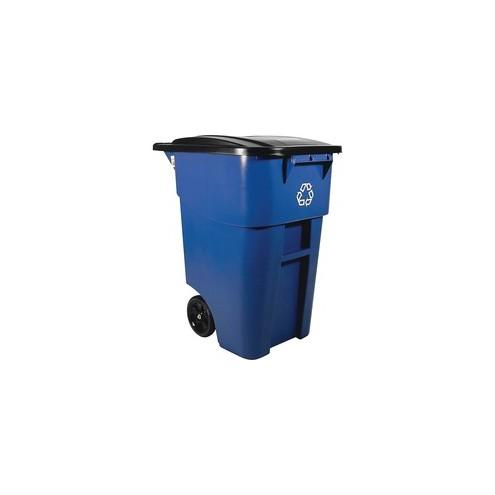 Rubbermaid Commercial Brute Recycling Rollout Container - Swing Lid - 50 gal Capacity - Rectangular - Mobility, Heavy Duty, Wheels, Lid Locked - 36.5" Height x 23.4" Width - Resin - Blue