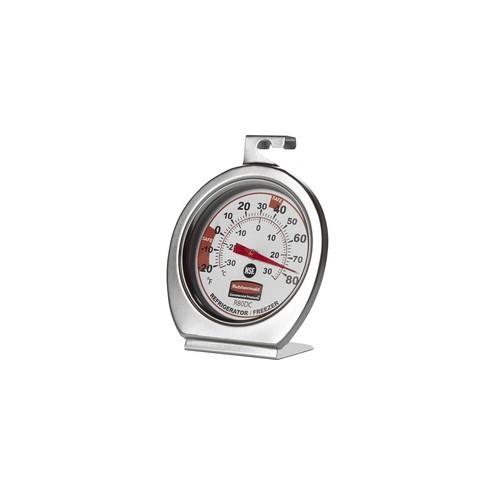 Rubbermaid Commercial Analog Thermometer - 20&deg;F (-6.7&deg;C) to +80&deg;F (26.7&deg;C) - Dual Dial - For Refrigerator/Freezer - Chrome