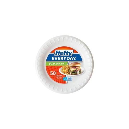 Hefty Everyday Soak Proof Plates - 8.88" Diameter Plate - Foam - Serving - Disposable - White - 50 Piece(s) / Pack