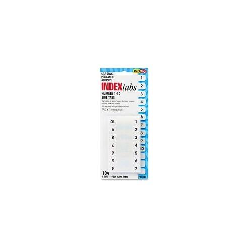 Redi-Tag Permanent Numbered Tab Indexes - 104 Printed Tab(s) - Digit - 1-10 - 1" Tab Height x 0.43" Tab Width - Self-adhesive, Permanent - White Plastic Tab(s) - 104 / Pack