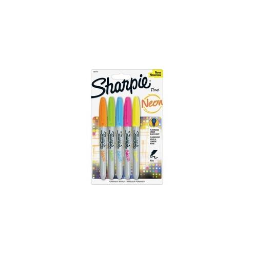 Sharpie Fine Neon Permanent Markers - Fine Marker Point - Neon Yellow, Neon Pink, Neon Orange, Neon Green, Neon Blue - 5 / Set