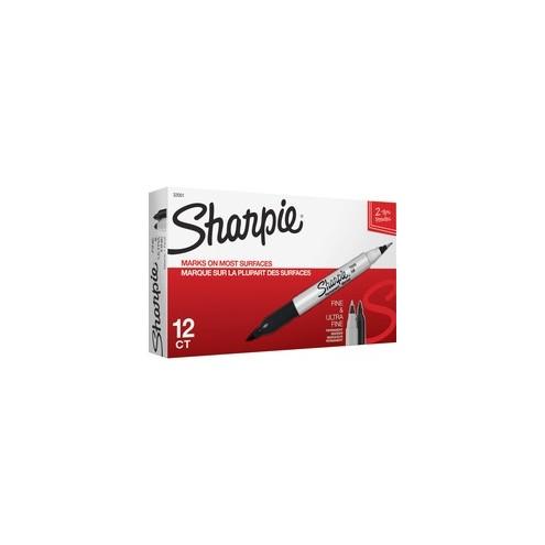 Sharpie Twin-Tip Permanent Markers - Fine, Ultra Fine Marker Point - Black Alcohol Based Ink - 12 / Box