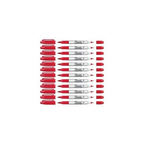 Sharpie Twin-Tip Permanent Markers - Fine, Ultra Fine Marker Point - Red Alcohol Based Ink - 12 / Box