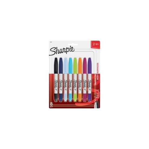 Sharpie Twin Tip Permanent Marker - Fine, Ultra Fine Marker Point - Assorted Alcohol Based Ink - 8 / Pack