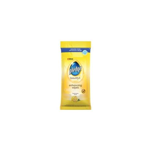 Pledge Lemon Furniture Polish Wipes - Wipe - Lemon Scent - 7" Width x 10" Length - 24 / Pouch - 12 / Carton - Yellow