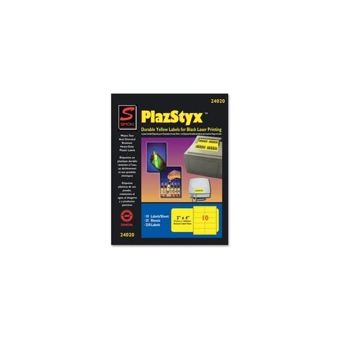 Simon SJ Paper PlazStyx Durable Laser Printing Labels - 2" Width x 4" Length - Rectangle - Laser - Yellow - Plastic - 10 / Sheet - 250 / Pack