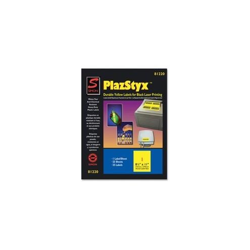 Simon SJ Paper PlazStyx Durable Laser Printing Labels - 8 1/2" Width x 11" Length - Rectangle - Laser - Yellow - Plastic - 1 / Sheet - 25 / Pack