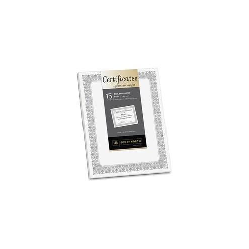 Southworth Foil Enhanced Certificates - Fleur Design - 66lb - 8.5" x 11" - Inkjet, Laser Compatible - White, Silver - 15 Certificates / Pack