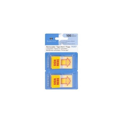 Sparco Pop-up Sign Here Flags in Dispenser - 1" x 1.75" - Rectangle - "SIGN HERE" - Yellow - Self-adhesive, Removable - 2 / Pack