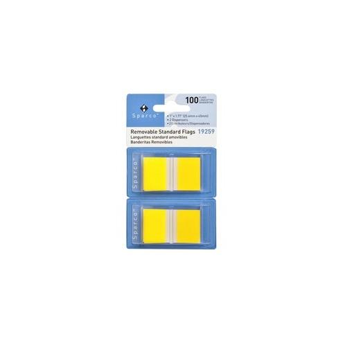 Sparco Removable Standard Flags in Dispenser - 100 x Yellow - 1.75" x 1" - Rectangle - Yellow - See-through, Self-adhesive, Removable - 1 / Pack