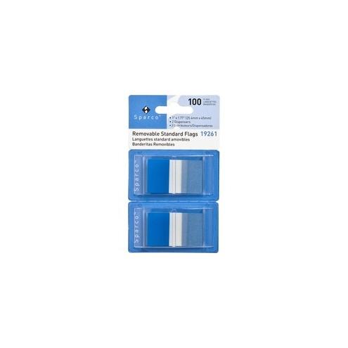 Sparco Removable Standard Flags in Dispenser - 100 x Blue - 1.75" x 1" - Rectangle - Blue - See-through, Self-adhesive, Removable - 100 / Pack