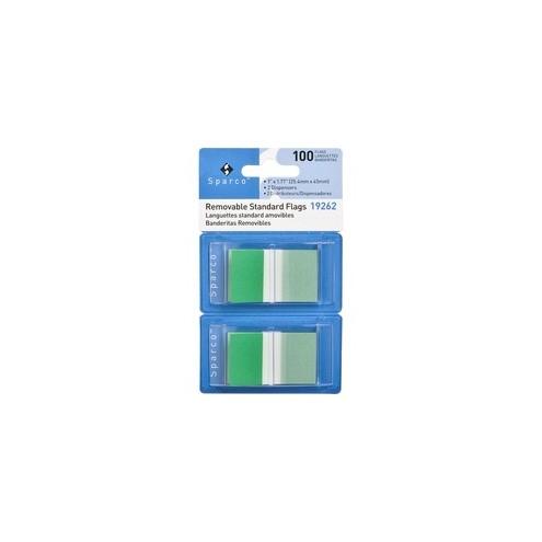 Sparco Removable Standard Flags Dispenser - 100 x Green - 1.75" x 1" - Rectangle - Green - See-through, Self-adhesive, Removable - 1 / Pack