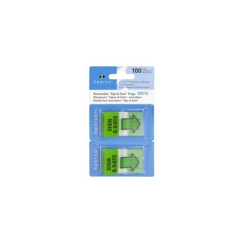 Sparco "Sign & Date" Preprinted Flags in Dispenser - 100 - 1" x 1.75" - Rectangle - "Sign & Date" - Green - Removable, Self-adhesive - 100 / Pack